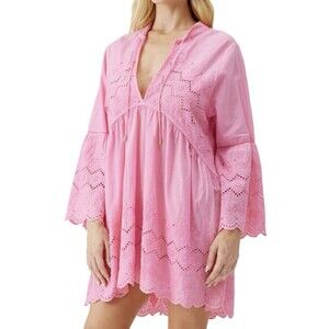 Melissa Odabash Sebenna Pink Embroidered Coverup Kaftan Cotton Eyelet Size M